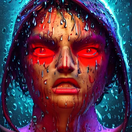 Image similar to demon, cartoon portrait made out of rain, realistic, highly detailed, neon, rendered in octane, unreal engine, beautiful, trending on artstation,