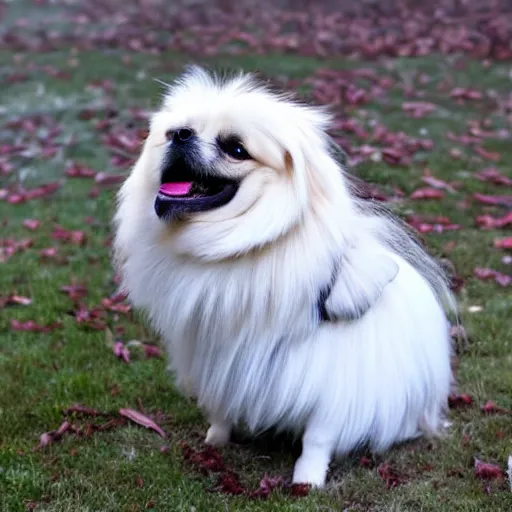 Image similar to a cute pekingese wearing a sweater, high resolution photo