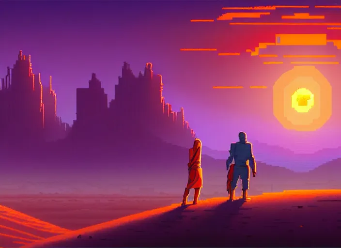 Prompt: detailed pixel art, science fiction pc game point - and - click adventure, daedalic entertainment, desert with city in the skyline, two suns, purple orange colors, sharp focus, illustration, highly detailed, digital painting, concept art, matte, art by wlop and artgerm and greg rutkowski, masterpiece