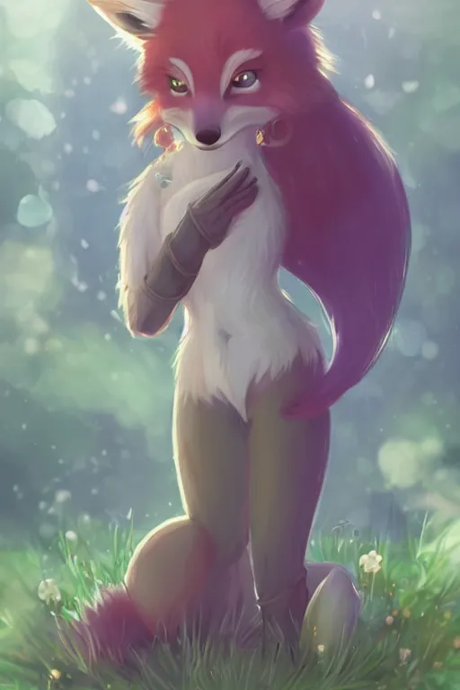 Image similar to a pretty medieval anthropomorphic fox with a fluffy tail in the forest, comic art, trending on furaffinity, cartoon, kawaii, backlighting, furry art!!!, radiant light, bokeh, trending on artstation, digital art