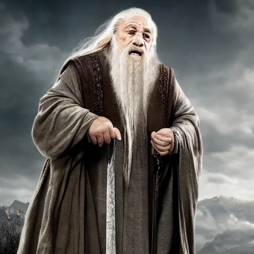 Image similar to danny devito starring as gandalf the white in the 2 0 2 4 lord of the rings movie smoking, full body, hyper realistic, high quality, wide angle