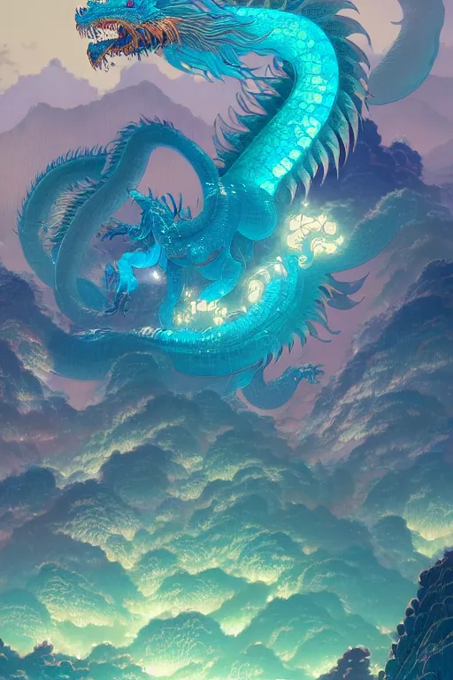 Image similar to a beautiful hyperdetailed character design 4 k wallpaper illustration of a huge cyan dragon, victo ngai style, from china, style of studio ghibli, makoto shinkai, raphael lacoste, louis comfort tiffany, denoise, deblurring, artgerm, xision, james jean, ross tran, chinese style