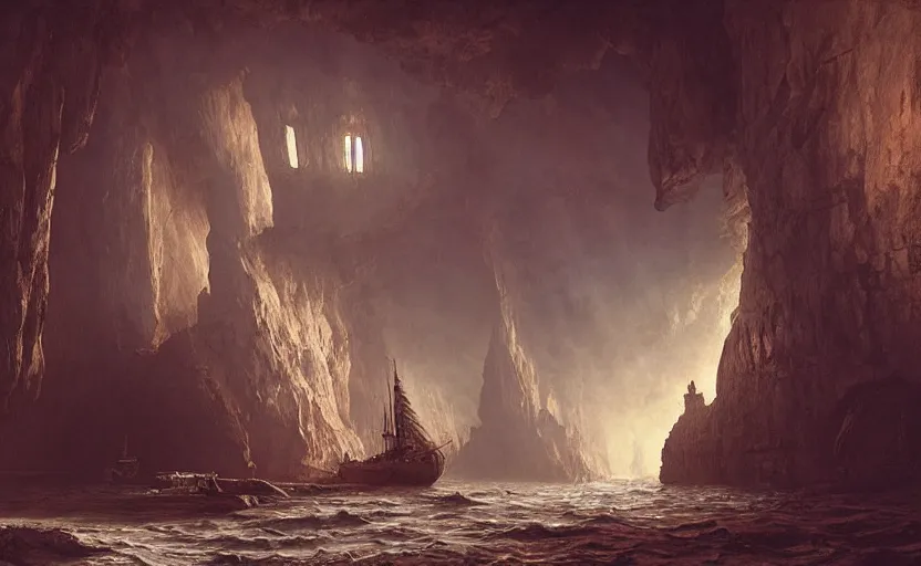 Image similar to A singular big galleon ship, three masts, front and center, in a cave. Underexposed, dark, centered. Atmospheric matte painting by Darek Zabrocki and Christophe Vacher