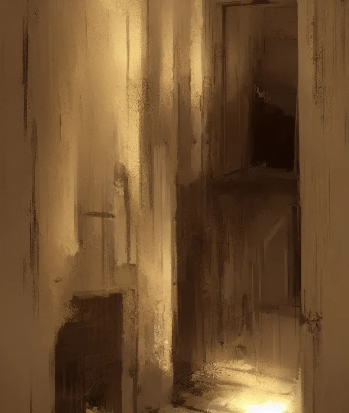 Prompt: a door at the end of a long dark staircase leading down and a dark corridor by craig mullins, trending on artstation