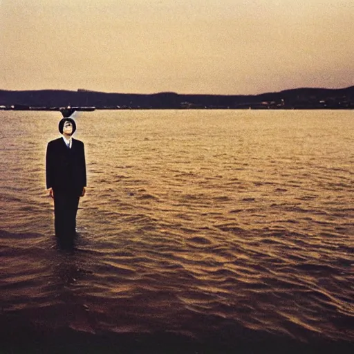 Prompt: japanese man with long hair in a suit standing in the ocean looking at the camera, wide shot, far!!!!!!! away, zoomed out, distance!!!!!!! shot, sunset, album cover, 1980, tatsuro yamashita, ride on time