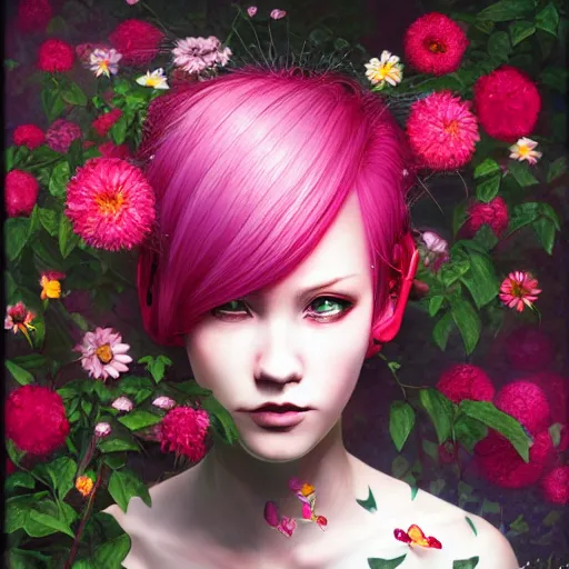 Image similar to a portrait of a woman with pink hair surrounded by flowers, cyberpunk art by otomo katsuhiro and mark ryden, cgsociety, computer art, circuitry, dystopian art, academic art insanely quality, highly detailed, masterpiece, red light, artstation, 4 k