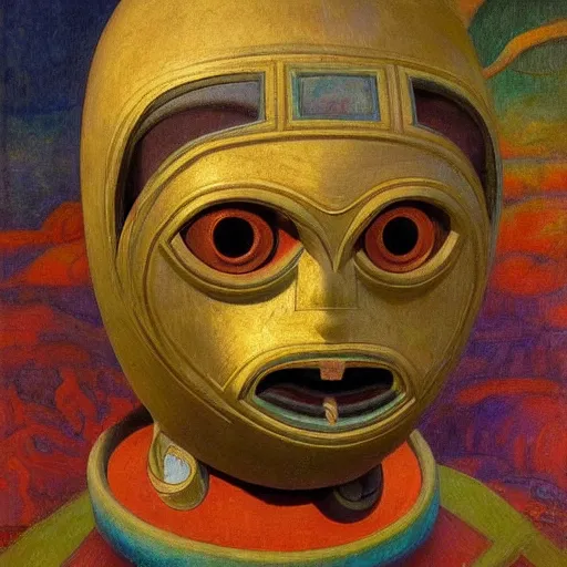 Image similar to masterpiece painting of a robot cat head mask, by annie swynnerton and diego rivera and nicholas roerich and jean delville, symbolist, dramatic lighting, god rays, elaborate geometric ornament, art brut, rich colors, smooth, sharp focus, extremely detailed, adolf wolfli and ( donato giancola )