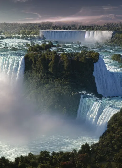 Prompt: cascade of multiple gigantic niagara falls, epic mountains in the background, early dawn, fantasy illustration, matte painting, concept art, volumetric lighting, volumetric atmosphere, morning mist, art by james gurney, unreal engine 5, 8 k