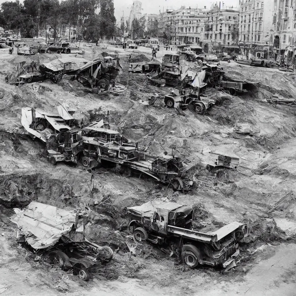 Prompt: truck fell into a ditch of a construction site in the square of a rationalist city in 1930, old photo