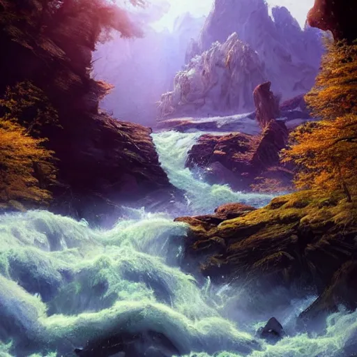 Prompt: a mountain range with a river flowing through it by akihito tsukushi, backlight, rim lighting, deep focus, d & d, fantasy, intricate, elegant, highly detailed, digital painting, artstation, concept art, matte, centered, sharp focus, illustration, hearthstone, art by artgerm, greg rutkowski and alphonse mucha