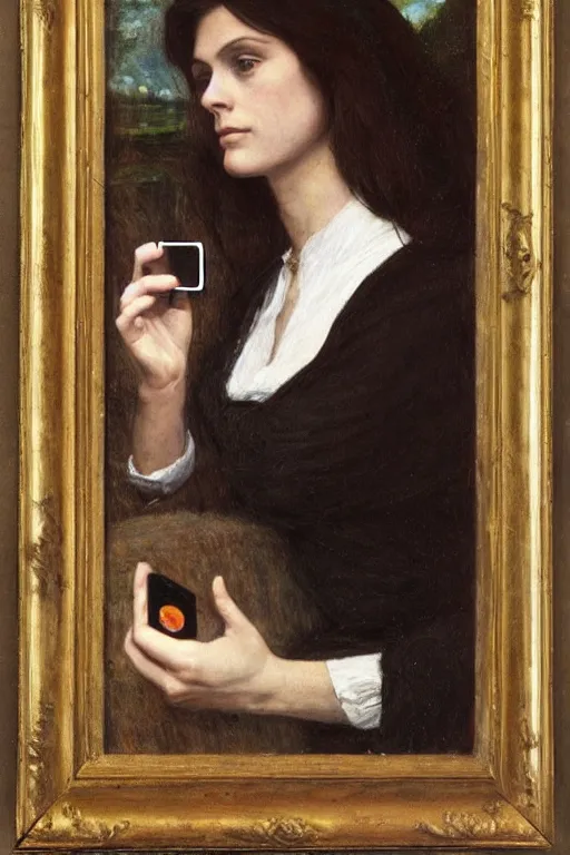 Image similar to a pre raphaelite painting of claudine longet, bored, looking at her iphone by dante gabriel rossett