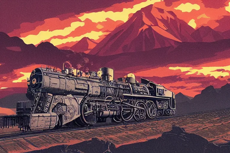 Image similar to old western freight train illustration by joe fenton and syd mead, artstation, 4 k, graphic novel, concept art, matte painting, steam engine spewing billowy white clouds of steam, beautiful idyllic mountain desert sunset background, golden hour