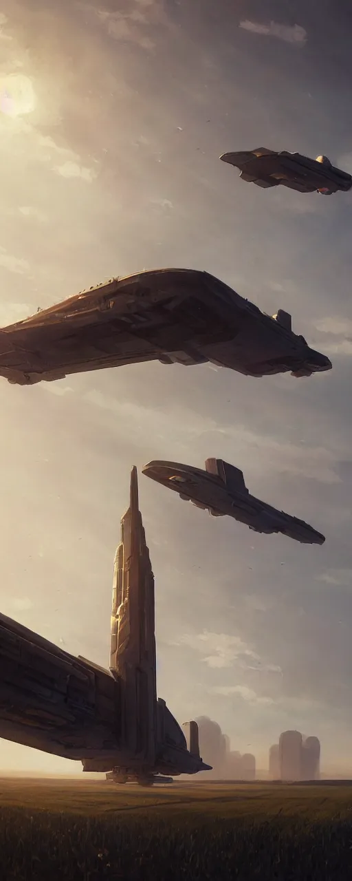 Image similar to wide shot of a tall and thin monolithic spaceship hovering in the air high above a cornfield, late afternoon, golden hour, highly detailed, smooth, sharp focus, concept art by greg rutkowski and ruan jia and stanley lau