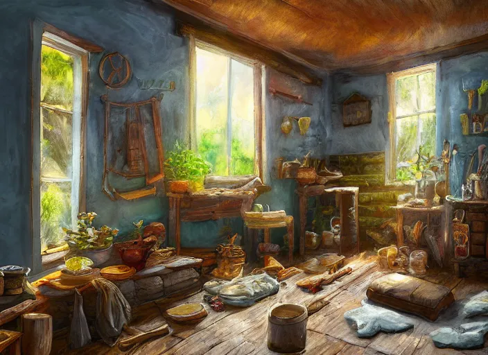 Image similar to expressive rustic oil painting, interior view of a cluttered herbalist cottage, waxy candles, wood furnishings, herbs hanging, light bloom, dust, ambient occlusion, rays of light coming through windows, dim lighting, brush strokes oil painting