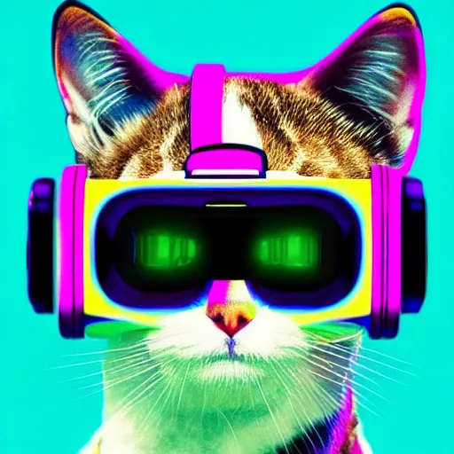 Image similar to vaporwave color scheme, cat wearing a vr headset, vaporwave poster illustration, artstation trending, pinterest