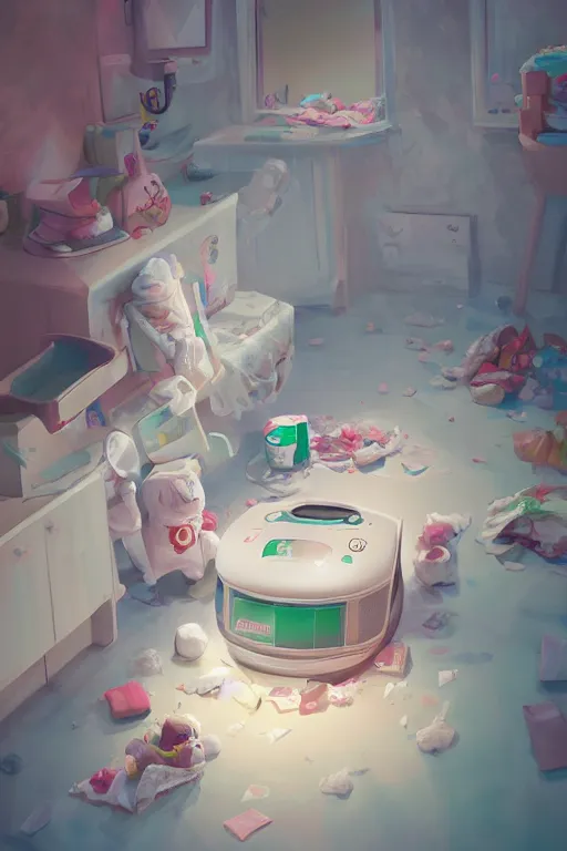 Image similar to Diaper Disposal Robot, Overflowing with Diapers, digital art, fantasy, trending on artstation, professional illustration, cgsociety, ultra detailed, volumetric lighting, celshaded, colorful, girly bedroom, lively, cute