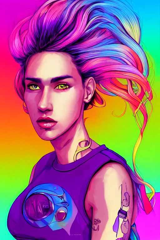 Image similar to a award winning half body portrait of a beautiful woman with stunning eyes in a croptop and cargo pants with rainbow colored ombre hairstyle head in motion and hair flying by josan gonzales, outrun, vaporware, shaded flat illustration, digital art, trending on artstation, highly detailed, fine detail, intricate