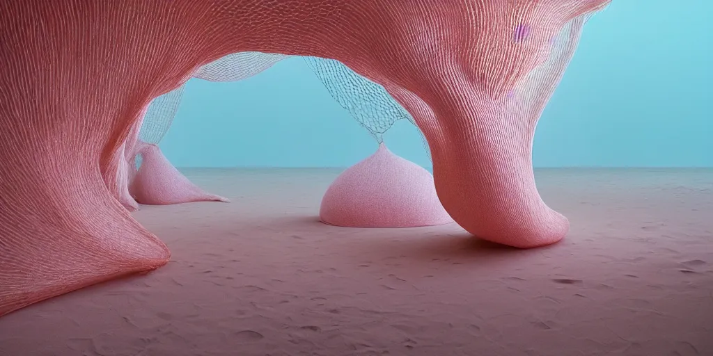 Image similar to soft biomorphic structures out of stocking - like material and nets that fills with various objects like spices, sand and shells by ernesto neto, dusty pink with light - mint color, film still from the movie directed by denis villeneuve with art direction by zdzisław beksinski, telephoto lens, shallow depth of field