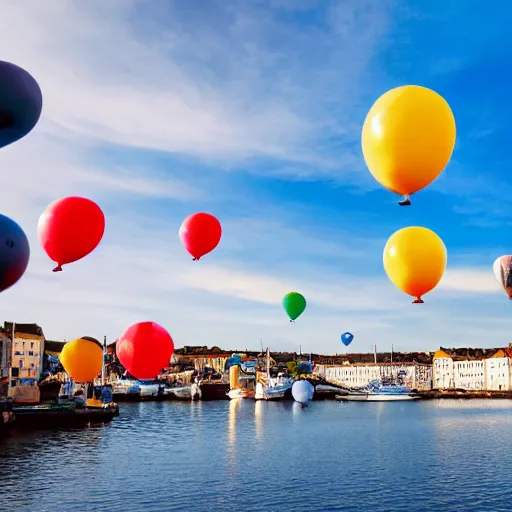 Image similar to photo of a lot of birthday balloons floating above a beautiful maritime port in bretagne. sharp focus, highly - detailed, award - winning