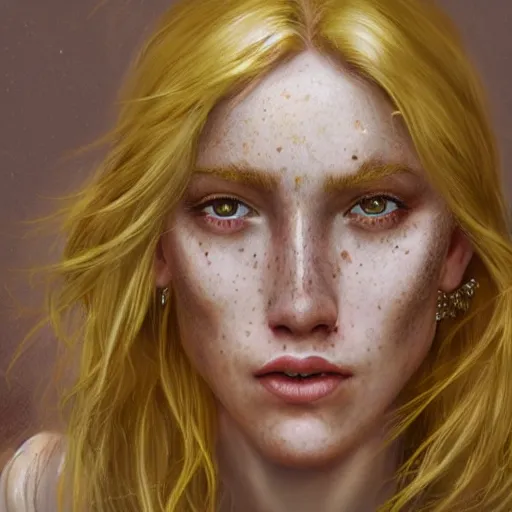 Image similar to an portrait of an happy female celt, blonde hair, lip scar, freckles, detailed, centered, digital painting, artstation, concept art, donato giancola, Joseph Christian Leyendecker, WLOP, Boris Vallejo, Breathtaking, 8k resolution, extremely detailed, beautiful, establishing shot, artistic, hyperrealistic, beautiful face, octane render