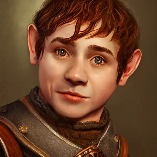 Prompt: realistic portrait of a halfling male, happy, bard, short hair, lute, intricate details, cinematic, photo, fantasy, medieval, trending on artstation, digital art, in the style of wizards of the coast