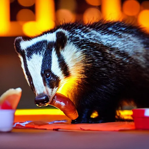 Image similar to photo of a badger eating a hot dog, dynamic lighting, high contrast