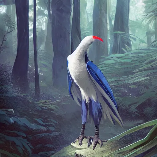 Image similar to concept art painting of an anthropomorphic albino raven wearing dark blue robes, in the deep forest, realistic, detailed, cel shaded, in the style of makoto shinkai and greg rutkowski and james gurney