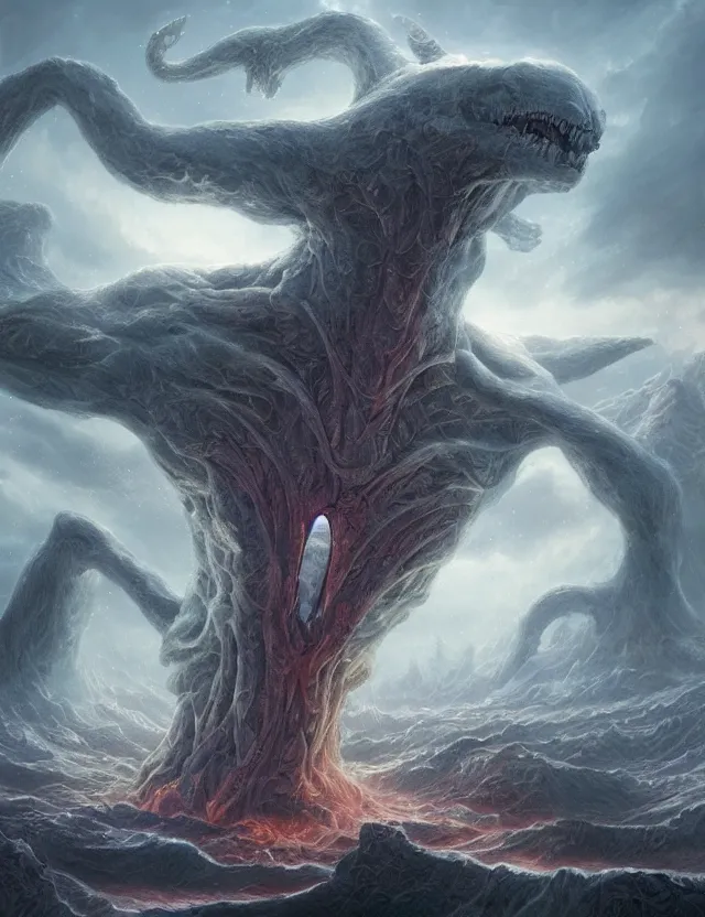 Prompt: A terrifying giant monster made of soft gel, dramatic atmosphere, masterpiece digital painting by Alex Grey, Greg Rutkowski, 4k wallpaper