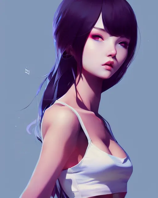 Image similar to a beautiful model in crop top, by guweiz and wlop and ilya kuvshinov and artgerm, symmetrical eyes, aesthetic, gorgeous, stunning, alluring, attractive, artstation, deviantart, pinterest, digital art