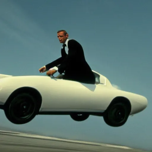 Prompt: man chased by a flying car, still of James bond movie