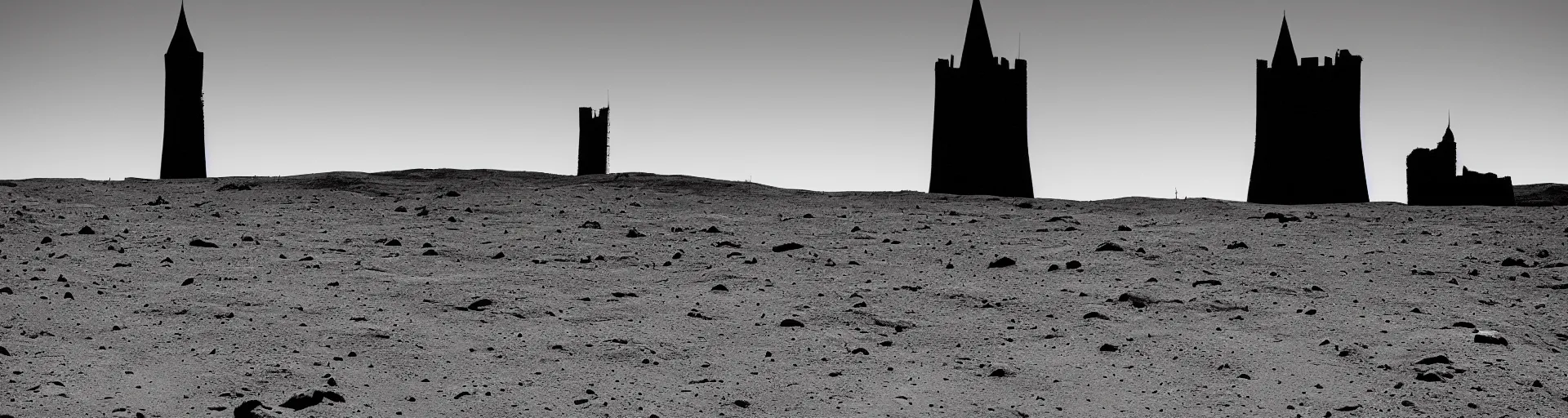 Image similar to landscape photography of the lunar surface and the blackness of space on the horizon, there is one terrifying medieval tower on the left