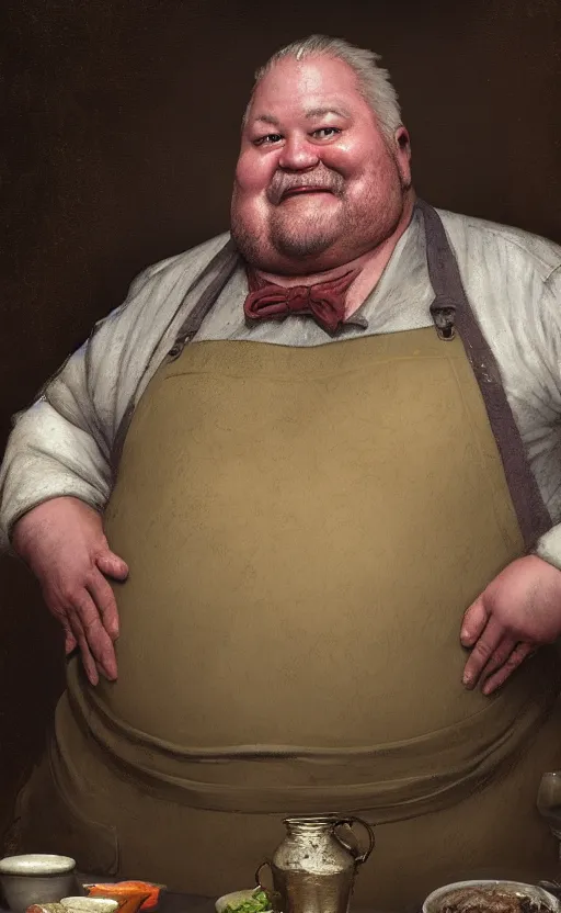 Image similar to portrait of an old fat fantasy tavern owner with dirty apron by Edgar Maxence and Ross Tran and Michael Whelan, 8k, octane render