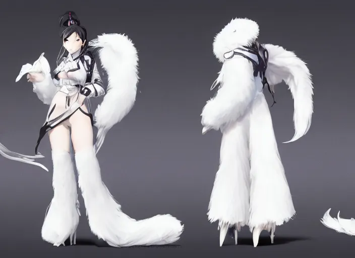 Image similar to character sheet for a beautiful and cute girl with a long white fur coat for genshin impact by greg rutkowski, black to light white fade hair, genshin impact style, ghibli, fashion design, overwatch style, sorcerer magic witch, digital art, trending on artstation, hd, 8 k, highly detailed, good lighting, beautiful, masterpiece