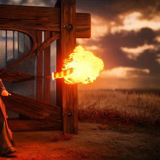 Image similar to A wizard launching a fireball at a wooden gate, 4k, highly detailed, octane render