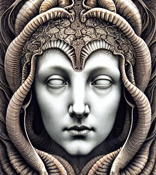 Image similar to detailed realistic beautiful whelk goddess face portrait by jean delville, gustave dore, iris van herpen and marco mazzoni, art forms of nature by ernst haeckel, art nouveau, symbolist, visionary, gothic, neo - gothic, pre - raphaelite, fractal lace, intricate alien botanicals, ai biodiversity, surreality, hyperdetailed ultrasharp octane render