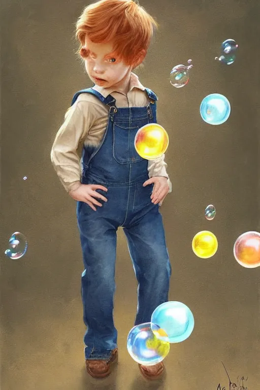 Image similar to a little boy with ginger hair wearing denim overalls chasing bubbles. clean elegant painting, beautiful detailed face, lots of bubbles. by artgerm and greg rutkowski