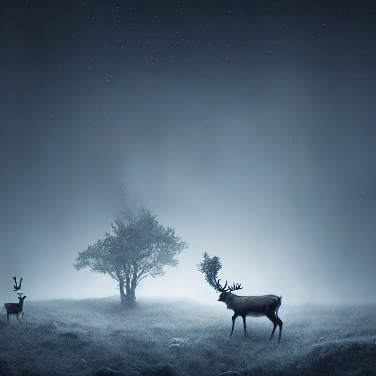 Prompt: reindeer alone at night, soft grainy bloom lucid dream - like atmosphere, harsh flash photo at night, baroque painting, perfect composition, detailed octane render trending on artstation, 8 k artistic photography, volumetric cinematic perfect light, chiaroscuro, masterpiece, raphael, caravaggio, beksinski, rutkowski, beeple