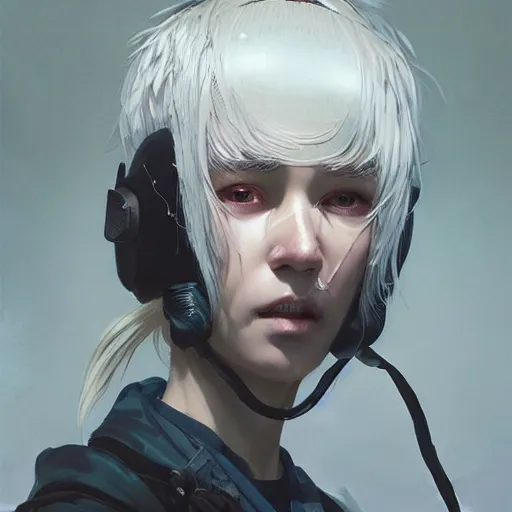 Image similar to very cool girl white hair girl with mask, streetwear, techwear, cyberpunk style outfit, full body, nose piercing, detailed portrait, intricate complexity, by greg rutkowski, cushart krentz, artgerm, ross tran, conrad roset, takato yomamoto, ilya kuvshinov. 4 k, beautiful, cinematic dramatic atmosphere, portrait lighting