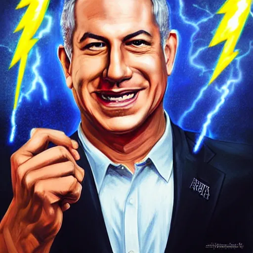 Image similar to portrait of benjamin netanyahu grinning while holding many lightning bolts, villain art, by artgerm