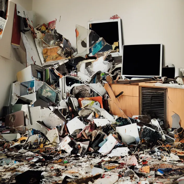 Prompt: trashed modern home interior, color photograph, canon eos c 3 0 0, ƒ 1. 8, 3 5 mm, 8 k, medium - format print