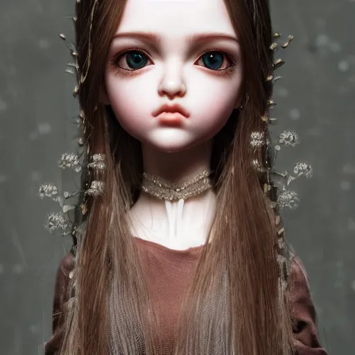 Image similar to Beautiful bjd doll girl head, long shiny hair, intricate detailed, cracked lines repaired with kintsugi, symmetrical face, sharp focus, octane render, high quality, 8k, volumetric lighting, on black background, trending on pinterest