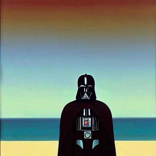 Prompt: portrait of darth vader at the beach, painting by rene magritte, high detail, high resolution