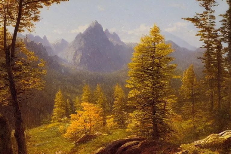 Prompt: mountains, trees, beautiful nature, very detailed, focused, oil painting, colorful, canvas, artstation, national geographic, Sydney Mortimer Laurence, Albert Bierstadt, Theodor Kittelsen, Hans Dahl, Konstantin Yakovlevich Kryzhitsky