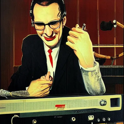 Image similar to “portrait of donald fagen as a 1950s disk jockey, by robert McGinnis”