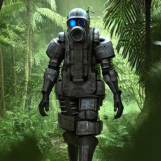 Image similar to a heavily armored man wearing a gasmask, walking through a lush jungle, realistic octane render, ray traced, god rays, extremely high detail