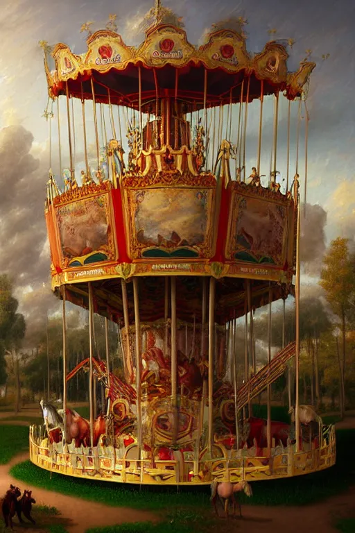 Image similar to a beautiful digital illustration painting of a fantasy carousel with painted horses by benoit b. mandelbrot, steven belledin, martin johnson heade, lee madgwick, caspar david friedrich, and david rios ferreira. 8 k resolution trending on artstation concept art digital illustration