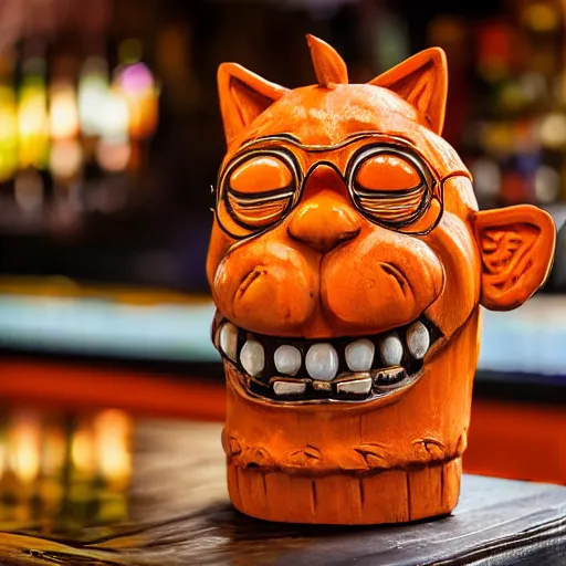 Prompt: a closeup photorealistic photograph of an orange cat garfield style tiki mug sitting on a trader vic's bar featuring garfield's face. tiki party. bright scene. fine detail. this 4 k hd image is trending on artstation, featured on behance, well - rendered, extra crisp, features intricate detail, epic composition and the style of unreal engine.