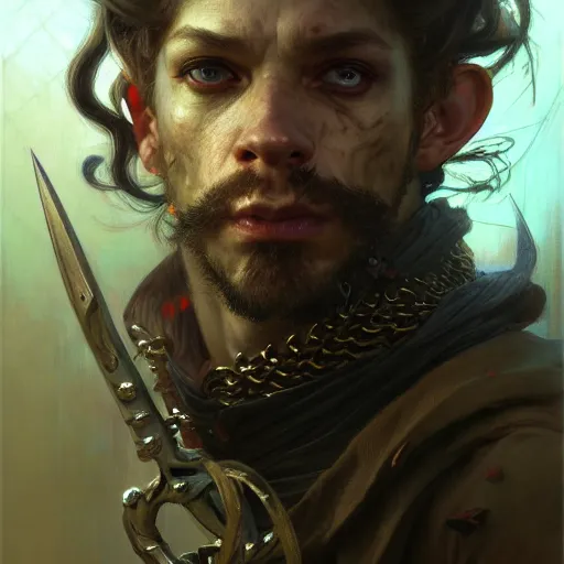 Image similar to highly detailed portrait of a poor rogue in the form of a beautiful male halfling. d & d. art by donato giancola, eugene delacroix, ruan jia, carl larsson, peter mohrbacher. trending on artstation, intricate details, energetic composition, concept art, illustration, elegant art, global illumination