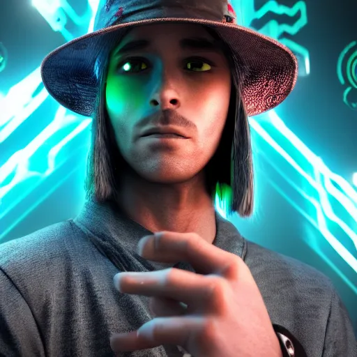 Image similar to a man wearing a hat from the future, cyberpunk background, highly detailed, epic lighting, 8 k