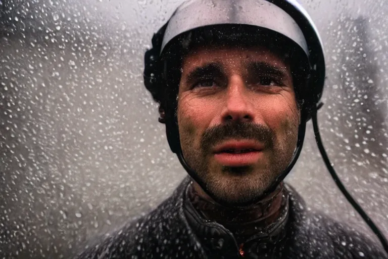 Prompt: closeup portrait of a man riding a submarine in a rainy new york street, by Steve McCurry and David Lazar, natural light, detailed face, CANON Eos C300, ƒ1.8, 35mm, 8K, medium-format print